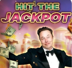 A promotional graphic featuring a Elon Musk Casino in a tuxedo with arms outstretched, surrounded by flying dollar bills. The text 'Hit the Jackpot' appears prominently at the top against a colorful casino-themed background.