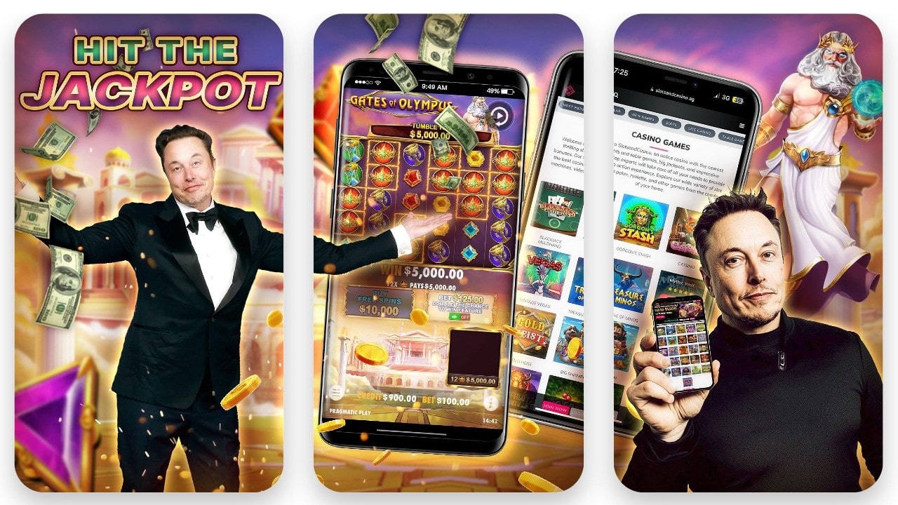 A collage of three casino-themed promotional images. The left panel shows a Elon Musk Casino in a tuxedo with flying money and the text 'Hit the Jackpot'. The center panel displays a mobile phone screen showing an online slot game titled 'Gates of Olympus', with winnings displayed. The right panel features the same man holding a smartphone displaying casino game options, with a Zeus-like character in the background.